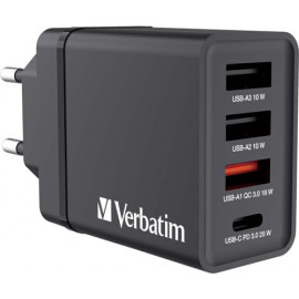 VERBATIM Chargeur secteur  GaN 3x ports USB-A + 1x port USB-C 30W (Noir)