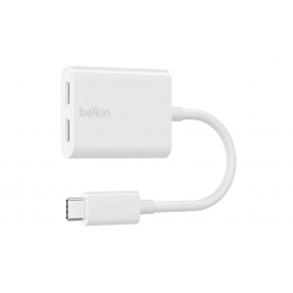 BELKIN Adaptateur avec 2 ports USB-C + recharge, blanc - Double port pour recharger via le port USB-C, léger et compact. Prise en charge de la charge rapide pour 2 appareils simultanément. Profitez de la lecture audio pendant la recharge. Compatibl