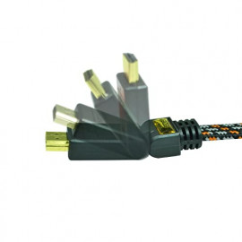 HEDEN Câble HDMI 1.4 M/M, fiche or 3 mètres, nylon tressé, Ethernet 1 côté 90°c fixe,1
