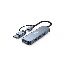 URBAN FACTORY HUB USB 4 PORTS USB 3.0  + ADAPTATEUR USB-A FEMELLE /USB-C MALE GRIS SIDERAL