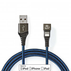 Nedis Câble USB USB 2.0 Apple Lightning à 8 broches USB-A Mâle 12 W 480 Mbps Plaqué nickel 1.00 m Rond Nylon / Tressé Bleu / Noir Sachet avec Fenetre