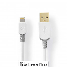 Nedis Lightning Câble USB 2.0 Apple Lightning à 8 broches USB-A Mâle 480 Mbps Plaqué or 3.00 m Rond PVC Blanc / Gris Boîte