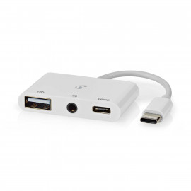 Nedis Adaptateur Multi-Ports USB USB 2.0 USB-C Femelle USB-A Femelle / USB-C Femelle / 3.5 mm Femelle 480 Mbps Rond Plaqué nickel PVC Blanc Boîte