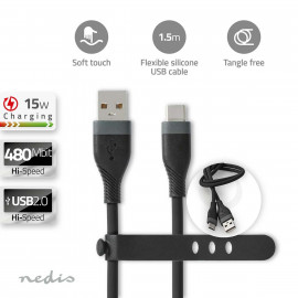 Nedis Câble USB USB 2.0 USB-A Mâle USB-C Mâle 15 W 480 Mbps Plaqué nickel 1.50 m Rond Silicone Noir Boîte