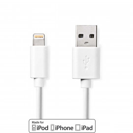 Nedis Lightning Câble | USB 2.0 | Apple Lightning à 8 broches | USB-A Mâle | 480 Mbps | Plaqué nickel | 3.00 m | Rond | PVC | Blanc | Label