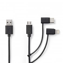 Nedis Câble 3 en 1 USB 2.0 USB-A Mâle Apple Lightning à 8 broches / USB Micro-B mâle / USB-C Mâle 1.00 m Noir