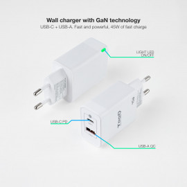 TooQ Technology Chargeur secteur 1x port USB-A + 1x port USB-C 45W (Blanc)